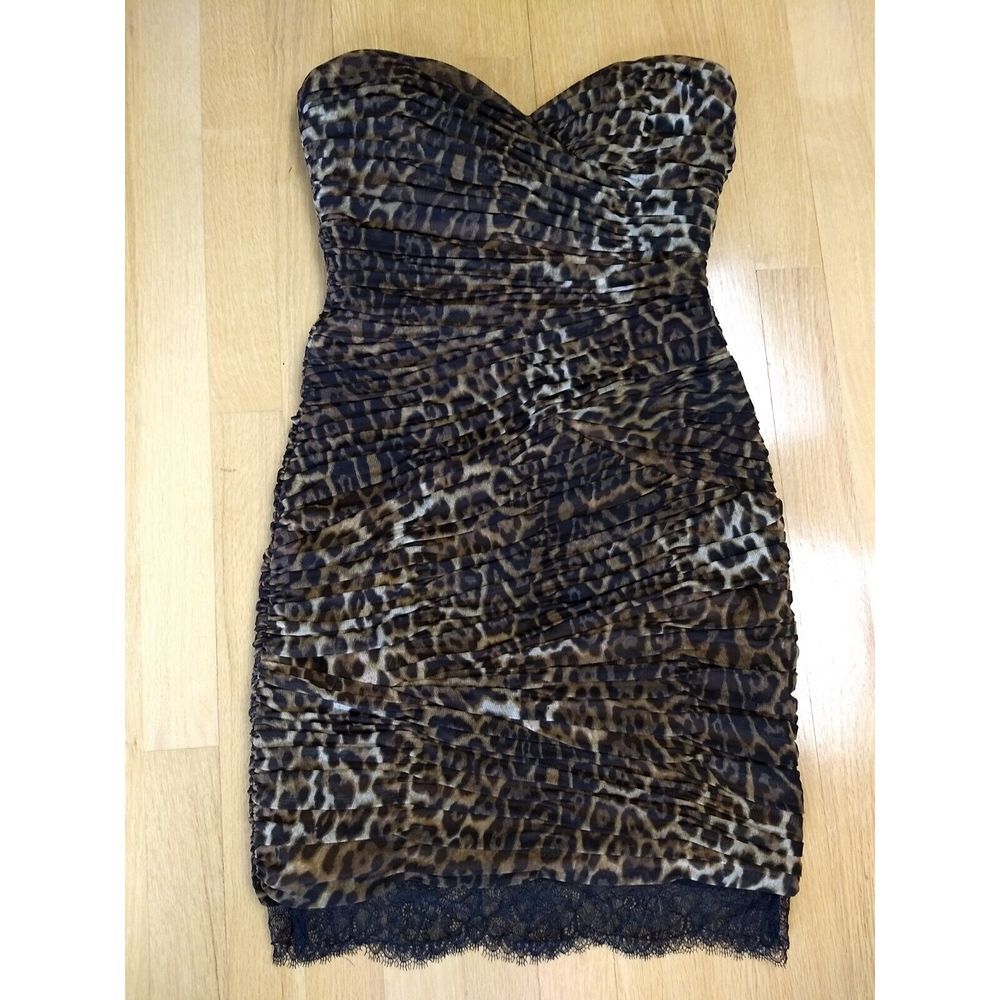 BCBGMAXAZRIA Leopard Ruched Strapless Mini Dress Bovary Bodycon‎ Womens Size 4